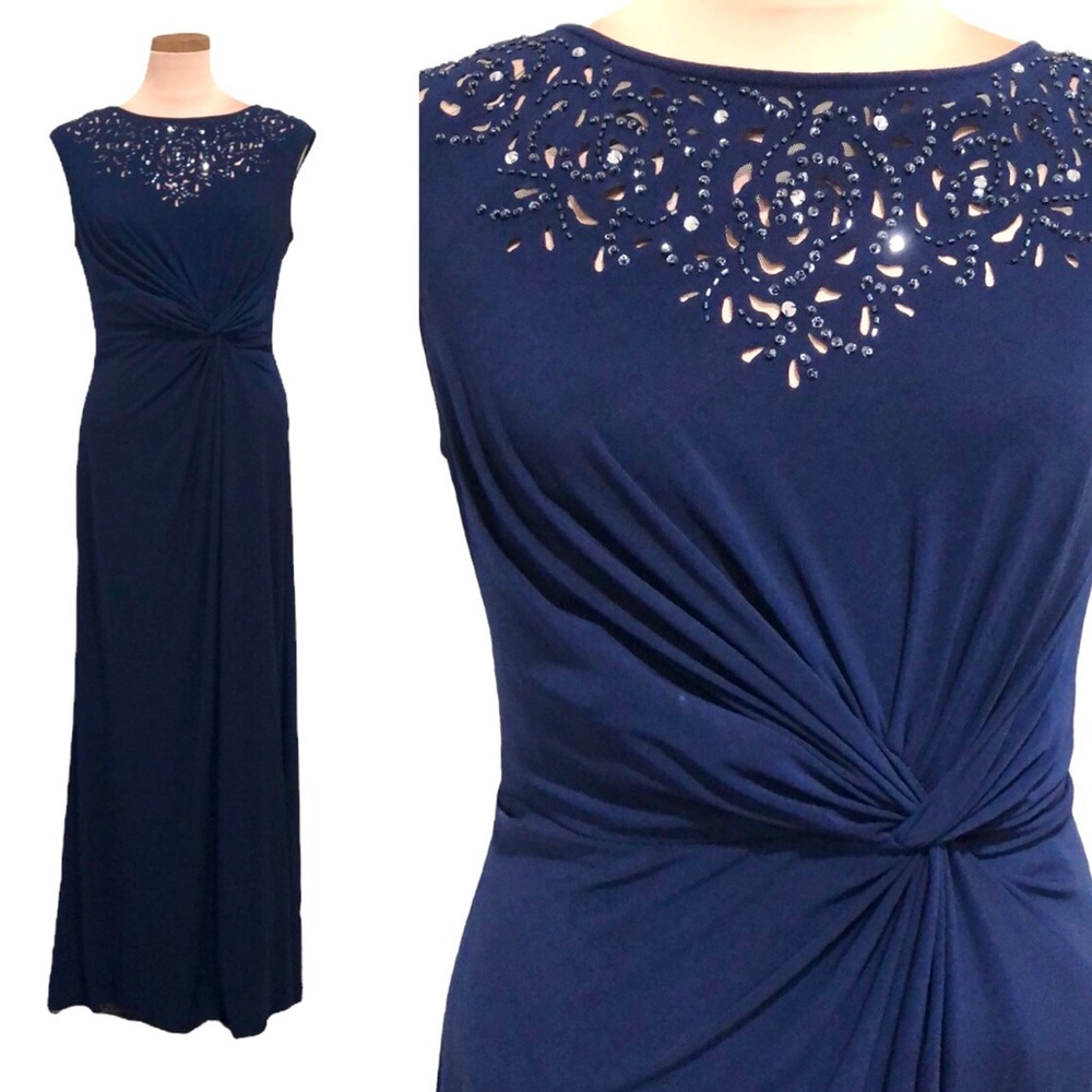 Ignite Evenings Gown Size 12 Navy Blue Cutout Sequins Twist Front Formal Dress